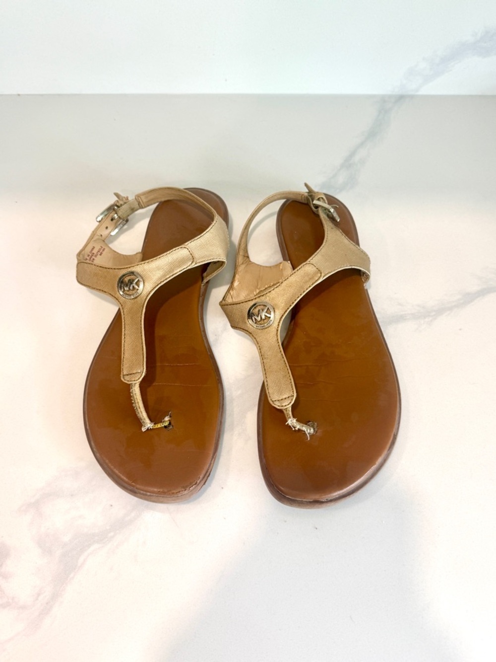Michael Kors Gold Leather T-Strap Sandals